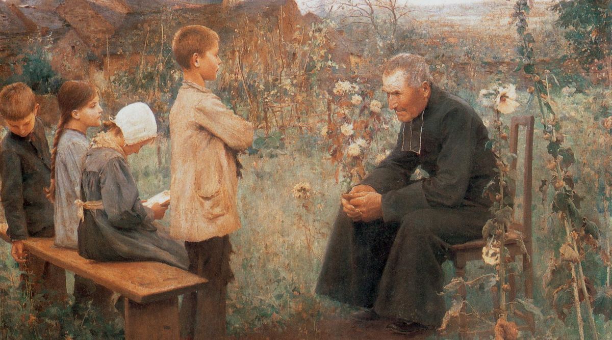 Painting of a priest teaching catechism to children outdoors
