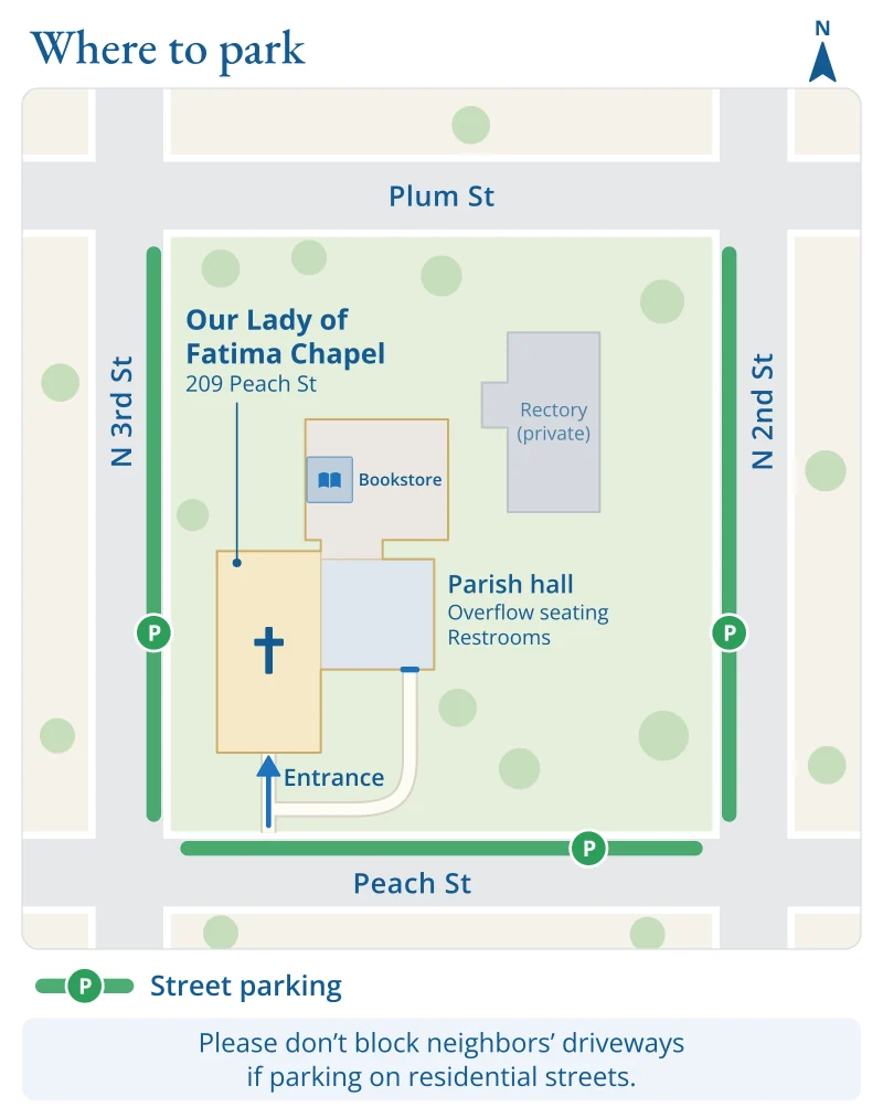 Map of the chapel block showing street parking along the curbs of Peach St in front of the chapel, N 3rd St on the west side, and N 2nd St on the east side. The chapel entrance faces Peach St, the parish hall is just east of the chapel, and the bookstore is in the building behind the parish hall.